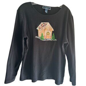 Karen Scott Size XL Gingerbread House Design  Black Long Sleeve Shirt